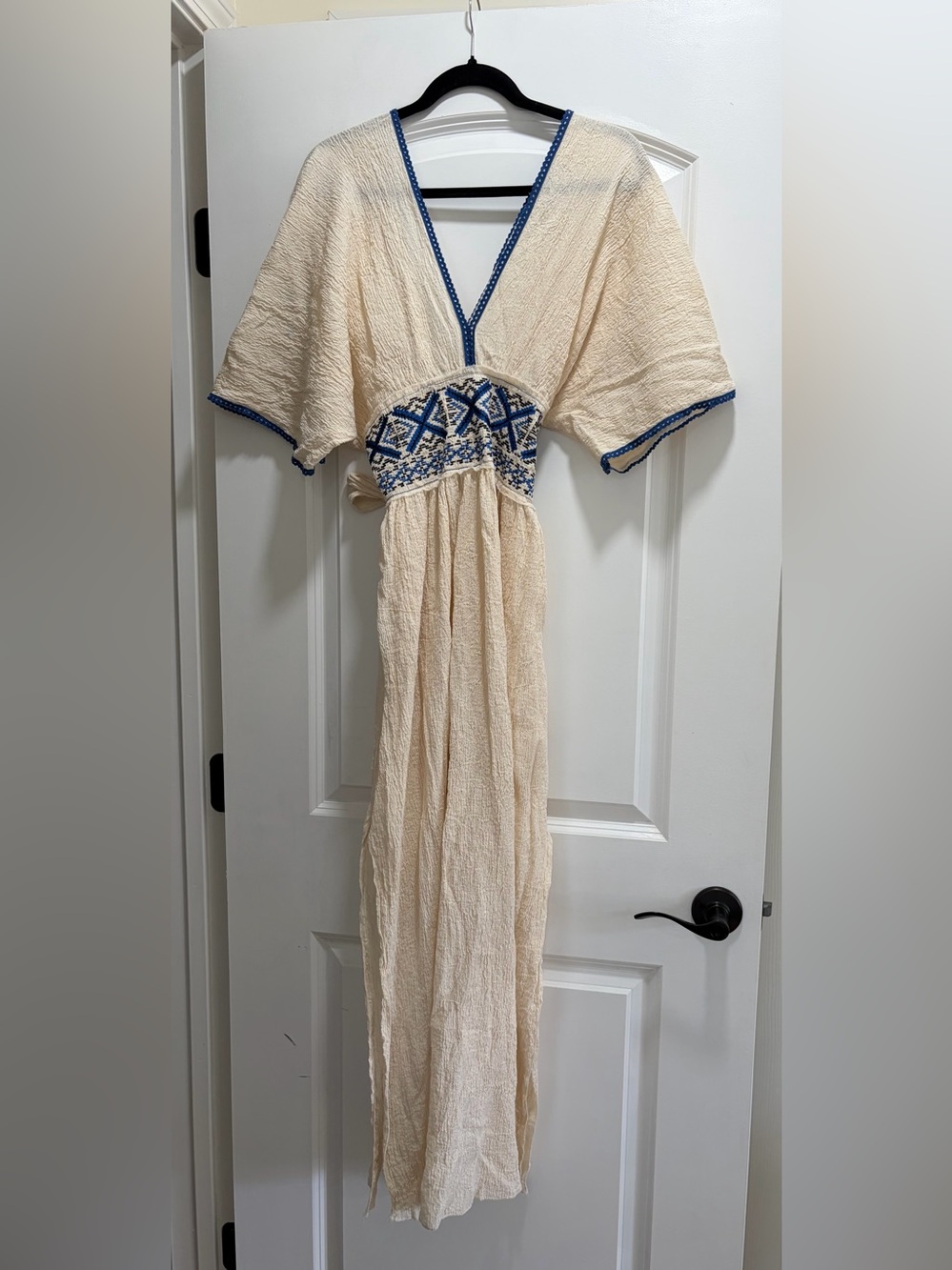 Bohemian Goddess Cream Maxi Dress Blue Embroidery Smocked Waist